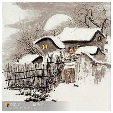 国画雪景房子图片